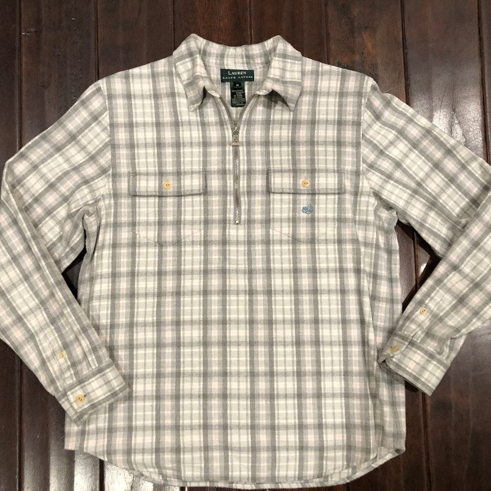 Lauren by Ralph Lauren Grey/Pink Flannel 1/2 Zip Shirt